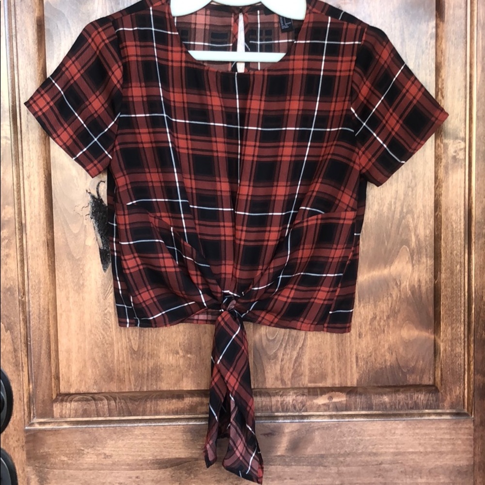 Forever 21 Red Plaid Crop Bow-Tie Front Blouse